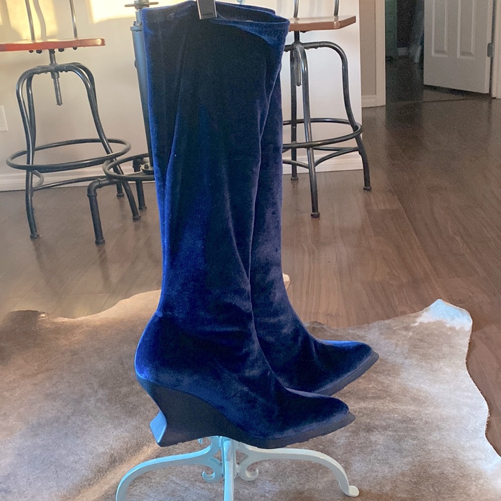 John Fluevog Tall Velvet Wedge Boots in Deep Blue
